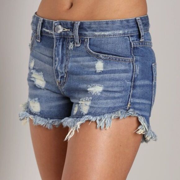 Free People Denim Cut Off Dolphin Hem Shorts True Blue Distressed 29 - Picture 1 of 5